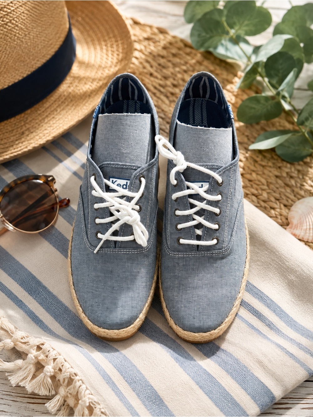 New NIB  Keds Men's Light Jute Blue Chambray Summer Shoes Sz 12